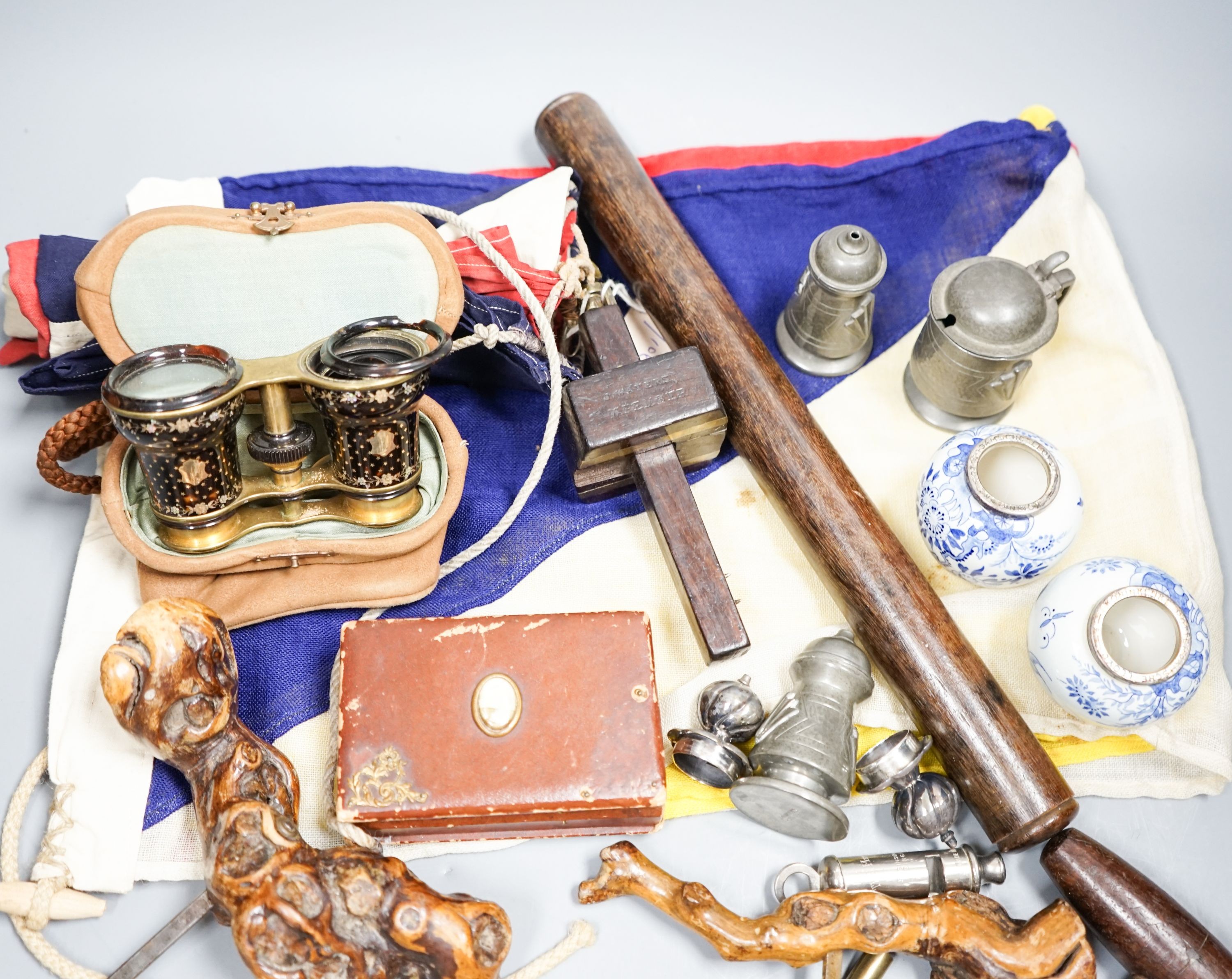 A carpenter's gauge stamped 'J. Waters', two rootwood-handled corkscrews, a Swiss clasp knife and sundry items